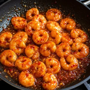 Camarões cozinhados cobertos com glaceado agridoce brilhante numa frigideira.