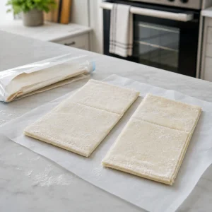 Folhas de massa folhada congelada a descongelar em papel vegetal junto ao forno a aquecer.
