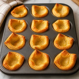 Barquinhas de massa folhada douradas a arrefecer numa forma de muffins.
