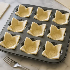 Quadrados de massa folhada pressionados numa forma de muffins e picados com um garfo.