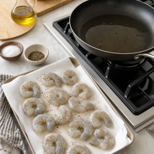Camarões crus temperados a secar em papel de cozinha junto a uma frigideira com óleo de sésamo.