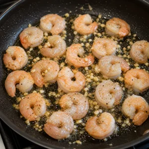 Camarões a começar a ficar rosados enquanto cozinham com alho picado na frigideira.
