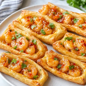 Blätterteig-Schiffchen mit Süßchili-Garnelen, Koriander und Sesamsamen.