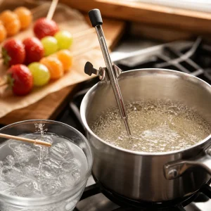 Thermomètre à sucre fixé sur une casserole de sirop bouillonnant