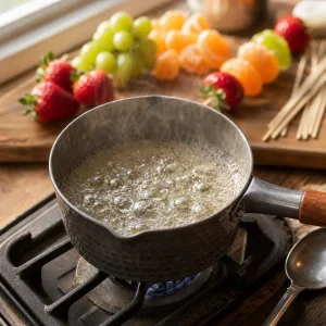Sirop de sucre clair qui bouillonne dans une petite casserole