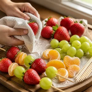 Fruits frais séchés enfilés sur des brochettes en bois