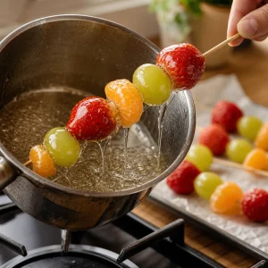 Brochette de fruits plongée dans un sirop de sucre chaud et clair