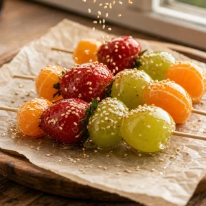 Brochettes de fruits caramélisés brillantes parsemées de sésame