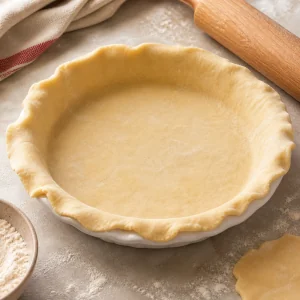 Pie crust fitted into a ceramic pie dish