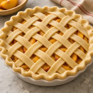 Unbaked peach pie with lattice crust