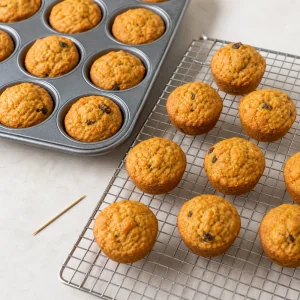 Golden mini muffins cooling on a wire rack