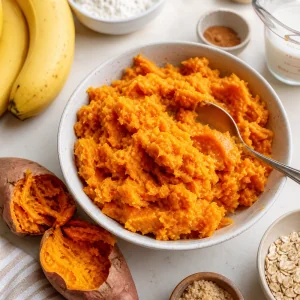 Mashed cooked sweet potato in a bowl