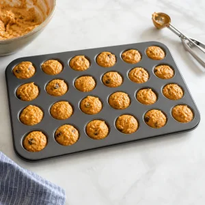 Mini muffin tin filled with orange batter