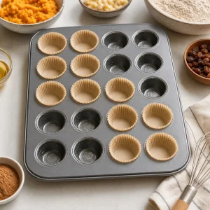 Prepared mini muffin tin with paper liners