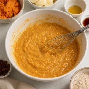 Sweet potato banana batter whisked in a bowl