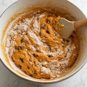 Thick muffin batter folded with flour and raisins