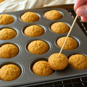 Baked mini muffins tested with a toothpick until clean