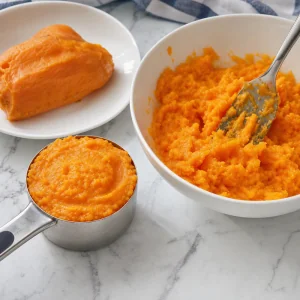 Cooked sweet potato mashed smooth and measured in a cup