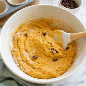 Dry ingredients folded into sweet potato banana muffin batter with raisins