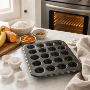 Mini muffin tin greased and lined for sweet potato banana muffins