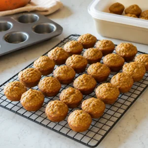 Sweet potato banana mini muffins cooling on a wire rack