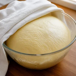 Massa doce levedada numa tigela coberta com um pano humido