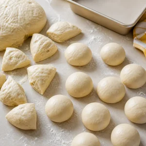 Massa doce dividida e enrolada em bolas lisas para paezinhos de separar