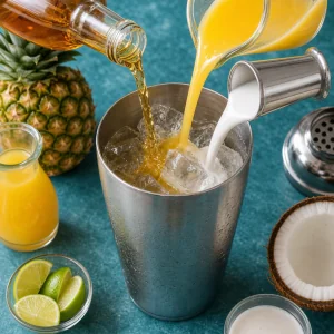 Cocktail shaker filled with ice, rum, pineapple juice, and coconut cream