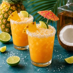 Finished rum cocktails with pineapple, lime, and shredded coconut