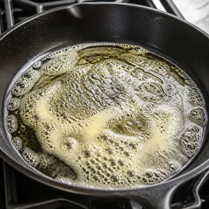 Butter schäumt mit Öl in einer heißen Pfanne