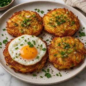 Rösti suíço crocante com ovo frito e ervas frescas