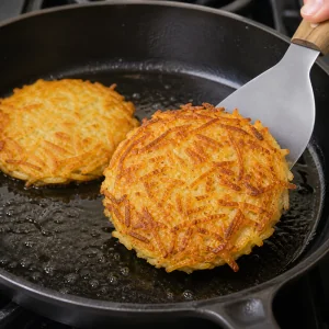 Goldbrauner Rösti wird mit einem breiten Pfannenwender gewendet