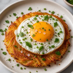 Angerichteter Rösti mit Spiegelei, Kräutern, Salz und Pfeffer