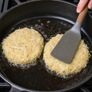 Kartoffelmasse wird in der Pfanne zu runden Rösti gedrückt
