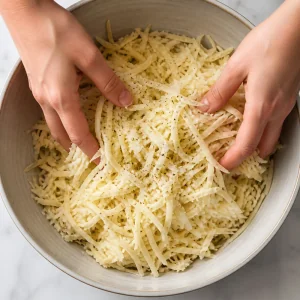 Geriebene Kartoffeln und Zwiebel in einer Schüssel vermischt