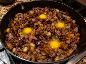 Hearty Steak and Egg Hash with Bourbon-Glazed Onions