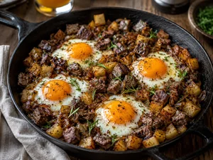Hearty Steak and Egg Hash with Bourbon-Glazed Onions