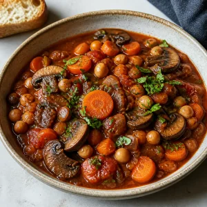 Pois chiches braisés finis avec carottes et champignons dans une sauce tomate