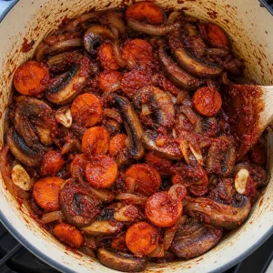 Verdure rivestite di concentrato di pomodoro scurito nella casseruola