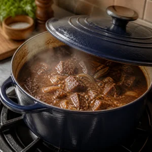 Beef and onion sauce simmering gently in a partly covered pot