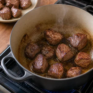 Beef chunks browned in batches in a hot Dutch oven