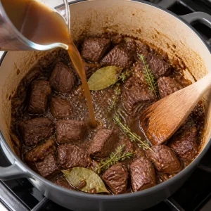 Browned beef returned to broth with bay leaves and fresh thyme