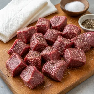 Raw beef chunks patted dry and seasoned with salt and black pepper