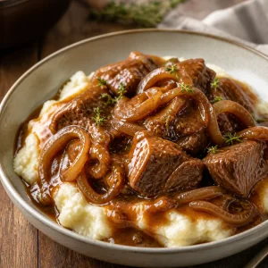 Tender beef and onion sauce served hot over creamy mashed potatoes