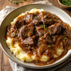 Tender beef in rich caramelized onion sauce served over creamy mashed potatoes