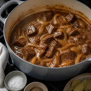 Tender beef in thick glossy onion sauce with bay leaves removed