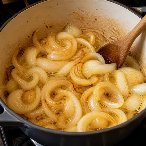 Thick onion rings sauteed in butter until soft and golden