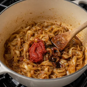 Tomato paste and Worcestershire sauce stirred into the onion mixture