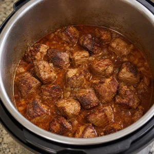Browned pork chunks partially submerged in chipotle cooking liquid