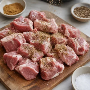 Pork shoulder chunks seasoned with salt, pepper, and cumin